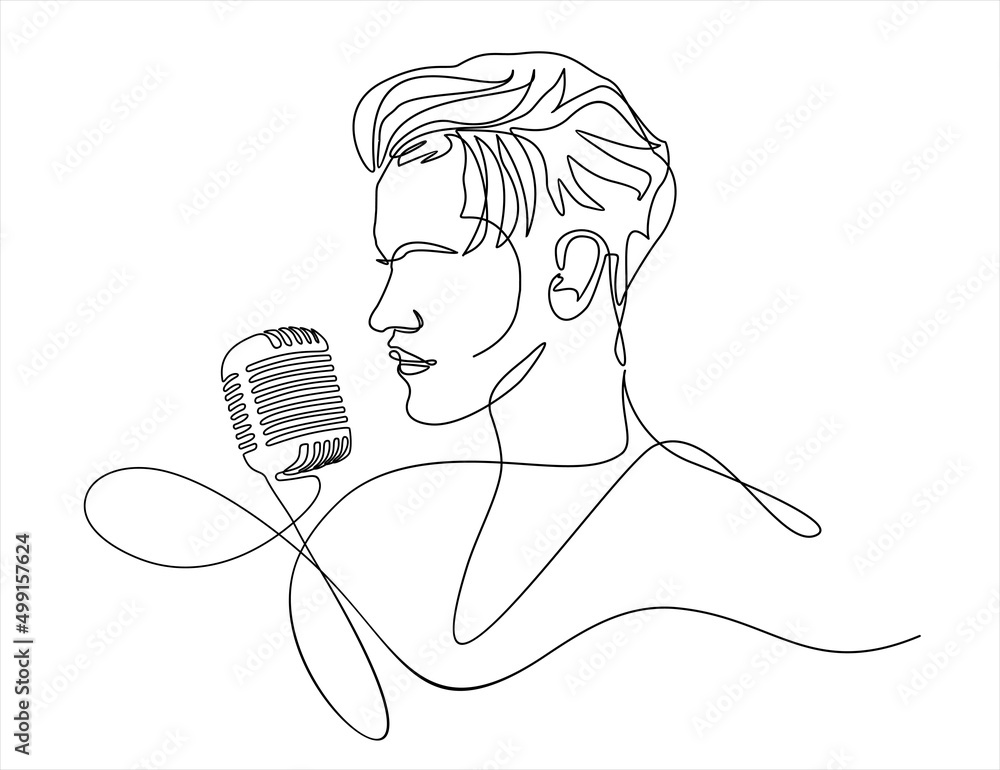 Young man singing in a retro microphone. Continuous one line drawing