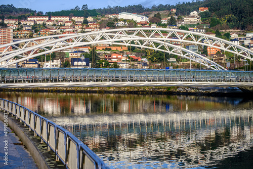 Suspended bridge over the Lerez river, which forms the Ria de Pontevedra, one of the estuaries that forms the Rias Bajas in Galicia (Spain)