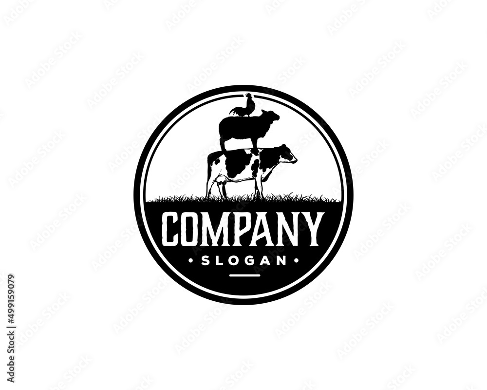 Fototapeta premium Livestock Stack of Milk Cow, Sheep and Rooster Animal Farm Vintage Circle Logo Vector