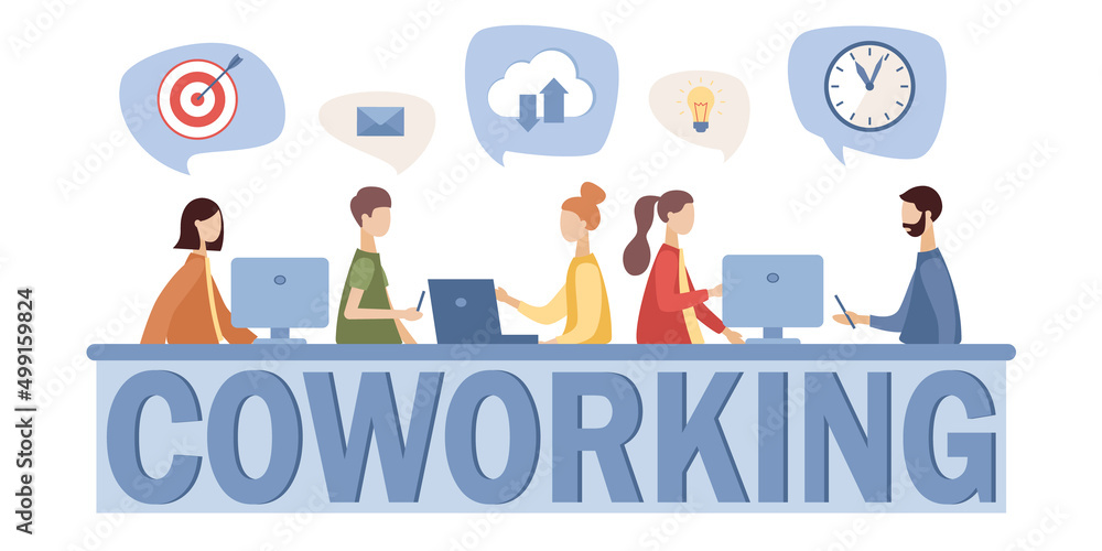 Coworking center. Business meeting. Shared working environment. People talking and working at computers, laptop, smartphone in the open space office. Vector flat illustration Coworking center. Business meeting. Shared working environment. People talking and working at computers, laptop, smartphone in the open space office. Vector flat illustration