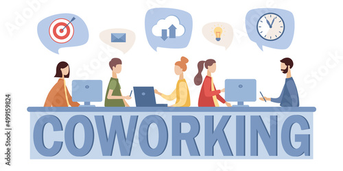 Coworking center. Business meeting. Shared working environment. People talking and working at computers, laptop, smartphone in the open space office. Vector flat illustration