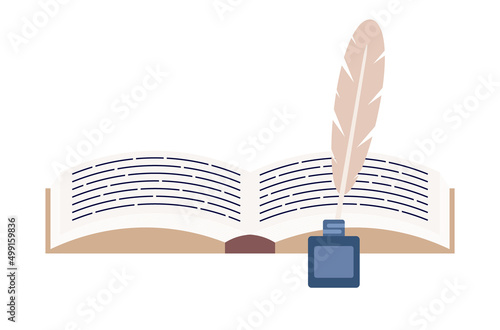 Manuscript, feathe pen and ink icon. Medieval poet and writer instrument. Vector flat illustration photo