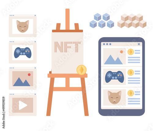 Non-fungible token icon. NFT crypto art. Internet artists marketplace. Unique masterpieces markets. Blockchain concept. Vector flat illustration
