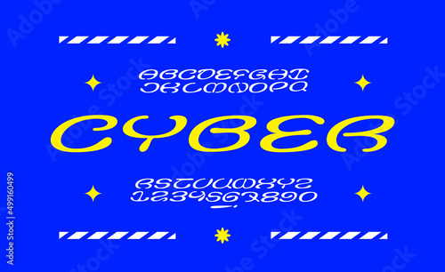 Cyber script font. Trendy pixel modern latin alphabet. Uppercase, letters and numbers. Stylish type for contemporary logo, print, header.