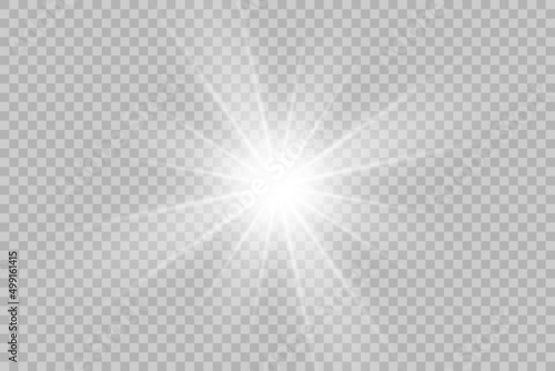 Vector png glowing light effect. Shine, glare, flare, flash illustration. White star on transparent