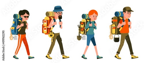 Hikers man and woman with backpacks on a hike. Couple tourists on a hike. Vector isolated image.