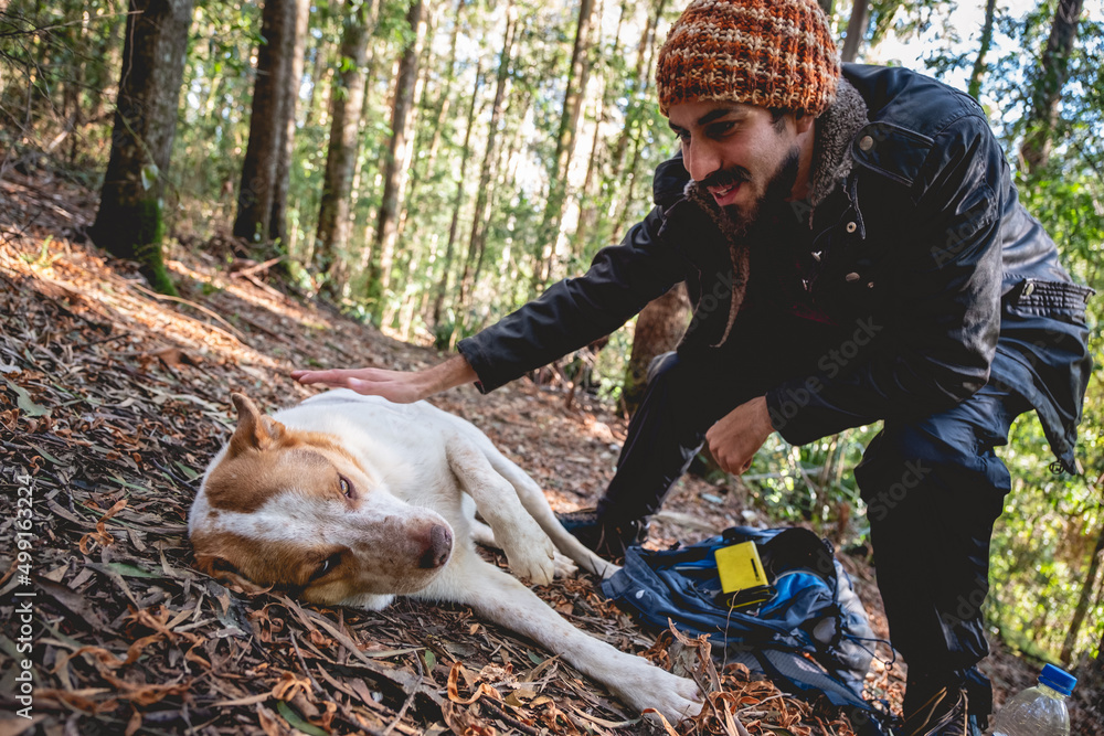 Happy, young, bearded and handsome guy with thick wool cap petting a beautiful white and brown dog in the ground of the forest, Valdivia, Chile