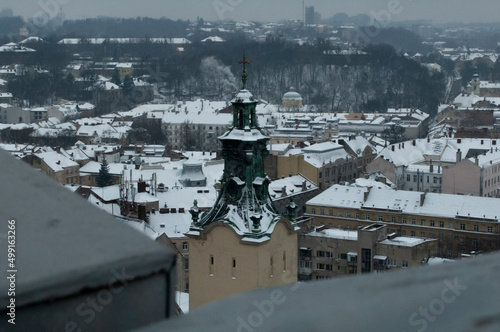 View overlooking the town. Lviv is a beautiful city. Old city. Snow on the roof of the house