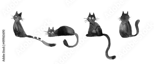 black cats Hand drawn watercolor pictures