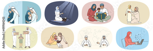 Collection of Arabian people in traditional clothes daily life. Set of Arabic men and women show cultural and natural diversity. Muslim ethnicity and Islam religion. Vector illustration. 