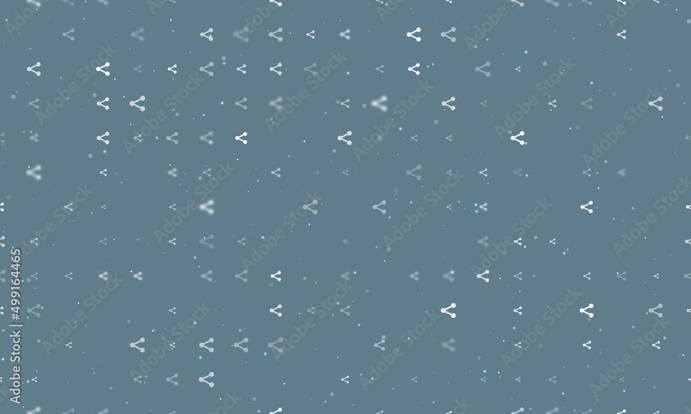 Seamless background pattern of evenly spaced white share symbols of different sizes and opacity. Vector illustration on blue gray background with stars