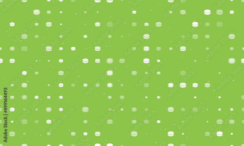 Seamless background pattern of evenly spaced white hockey pucks of different sizes and opacity. Vector illustration on light green background with stars Seamless background pattern of evenly spaced white hockey pucks of different sizes and opacity. Vector illustration on light green background with stars