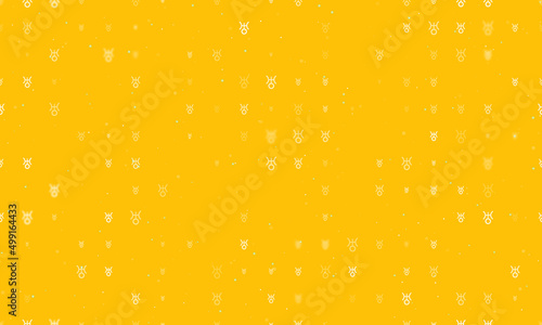 Seamless background pattern of evenly spaced white astrological uranus symbols of different sizes and opacity. Vector illustration on amber background with stars
