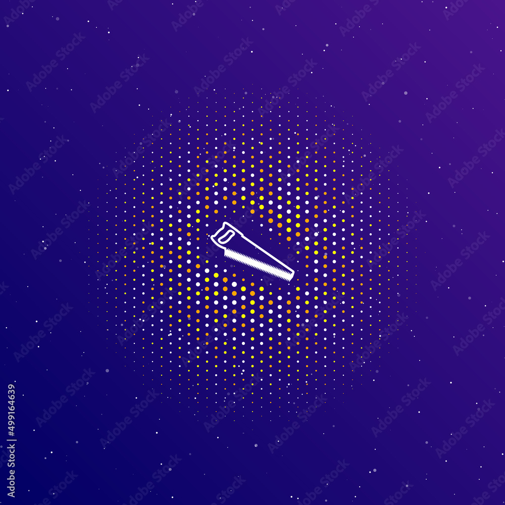 A large white contour hand saw symbol in the center, surrounded by small dots. Dots of different colors in the shape of a ball. Vector illustration on dark blue gradient background with stars A large white contour hand saw symbol in the center, surrounded by small dots. Dots of different colors in the shape of a ball. Vector illustration on dark blue gradient background with stars