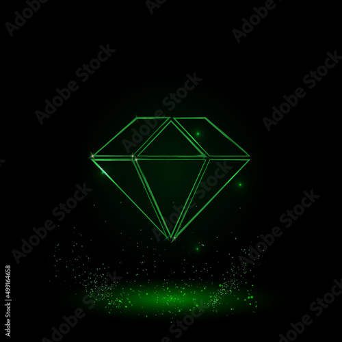 A large green outline diamond symbol on the center. Green Neon style. Neon color with shiny stars. Vector illustration on black background