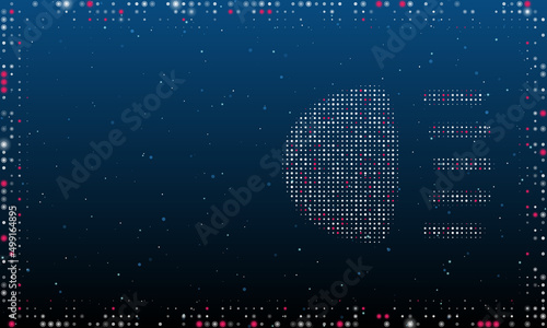 On the right is the headlight symbol filled with white dots. Pointillism style. Abstract futuristic frame of dots and circles. Some dots is pink. Vector illustration on blue background with stars