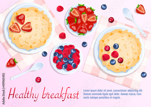 Porridge and berries, spoons near. Raspberry, strawberry, cranberry and blueberry. Breakfast, healthy food, dieting concept. A4 vector illustration for flyer, poster, banner.