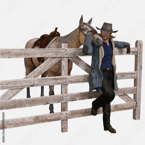Denny is a hard-working rancher cowboy construction man - 3D illustrated male character render on an isolated white background. Denny has brown hair and brown eyes. 