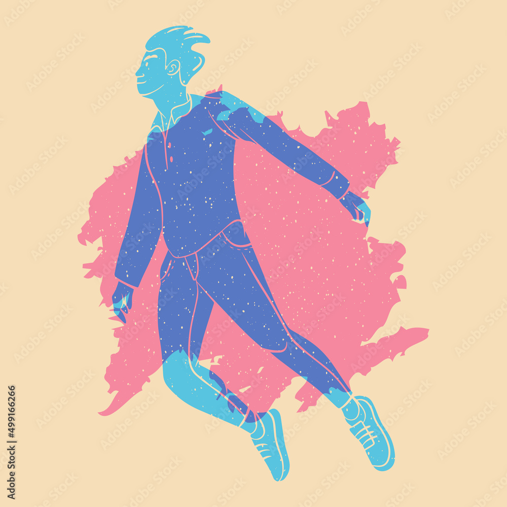 Inviting, flying, dancing guy, boy, man. The concept of freedom, movement, life and joy. Colorful cute screen printing effect. Riso print effect. Vector illustration. 