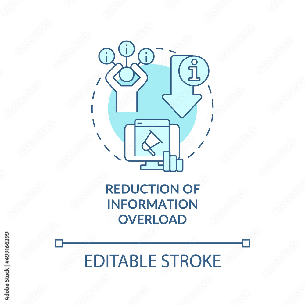 Reduction of information overload turquoise concept icon. Information industry role abstract idea thin line illustration. Isolated outline drawing. Editable stroke. Arial, Myriad Pro-Bold fonts used Reduction of information overload turquoise concept icon. Information industry role abstract idea thin line illustration. Isolated outline drawing. Editable stroke. Arial, Myriad Pro-Bold fonts used