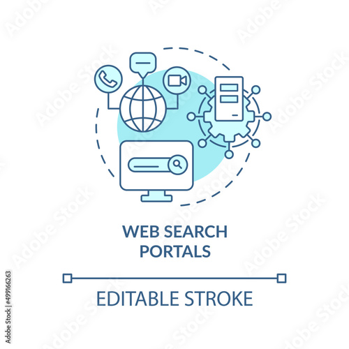 Web search portals turquoise concept icon. Info sector component abstract idea thin line illustration. Search engines. Isolated outline drawing. Editable stroke. Arial, Myriad Pro-Bold fonts used