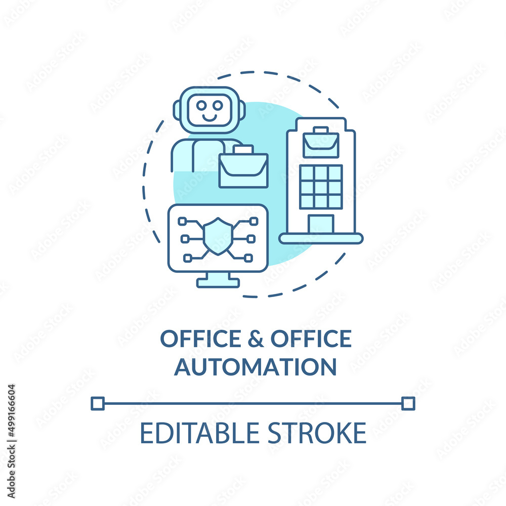 Office and office automation turquoise concept icon. Information systems kind abstract idea thin line illustration. Isolated outline drawing. Editable stroke. Arial, Myriad Pro-Bold fonts used