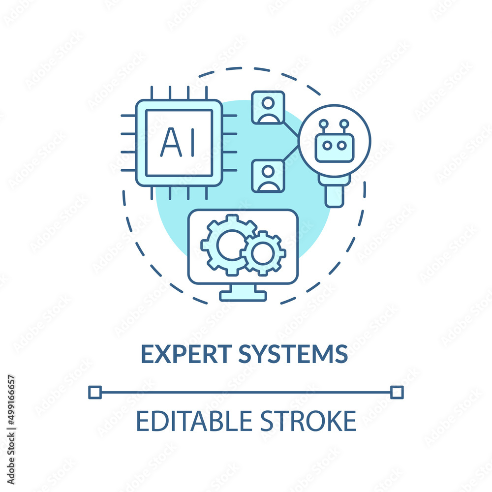 Expert systems turquoise concept icon. Information systems kind abstract idea thin line illustration. AI method. Isolated outline drawing. Editable stroke. Arial, Myriad Pro-Bold fonts used
