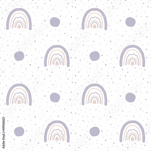 Cute seamless vector pattern. Print with purple rainbows and dots. Endless print on a white background. Pattern for wrapping paper, scrapbooking. Children's print