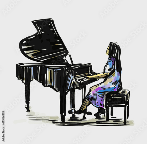 Sketch of piano girl hand draw 
