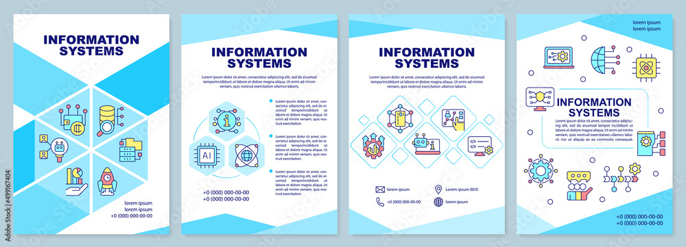 Naklejka premium Information systems blue brochure template. Digital data processing. Leaflet design with linear icons. 4 vector layouts for presentation, annual reports. Arial-Black, Myriad Pro-Regular fonts used