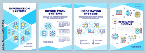 Information systems blue brochure template. Digital data processing. Leaflet design with linear icons. 4 vector layouts for presentation, annual reports. Arial-Black, Myriad Pro-Regular fonts used