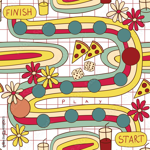 Picnic party. Seamless pattern with board game, dice. Pizza, drink and flowers. Vector illustration in retro colors.