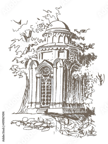 Hand drawn vintage pencil sketch landscape. Rotunda chapel in ancient Byzantine architectural style in Chernihiv city.Vector traced contour line on a white background