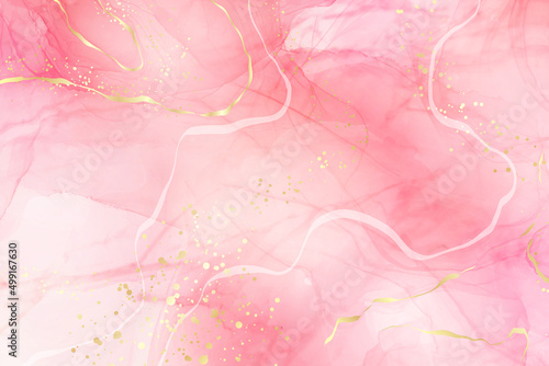 Rose pink liquid watercolor background with golden dots. Dusty blush marble alcohol ink drawing effect. Vector illustration design template for wedding invitation, menu, rsvp