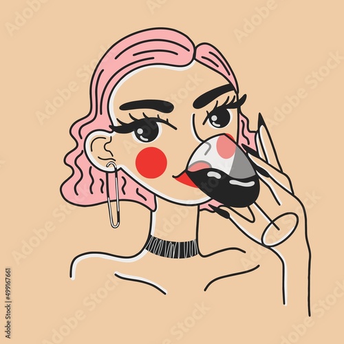 A girl with pink hair drinks wine. Flat design, hand drawn cartoon, vector illustration.