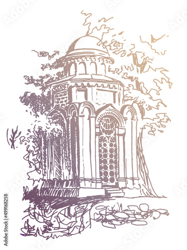 Hand drawn vintage ink and pen sketch landscape. Rotunda chapel in ancient Byzantine architectural style in Chernihiv city.Vector traced golden contour line on a white background