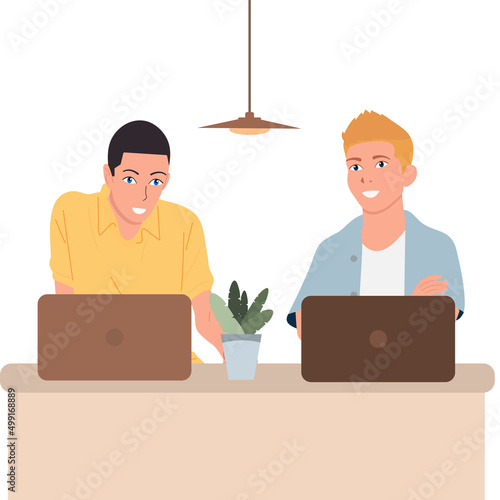 Two guys work in the office on laptops. Vector isolated.