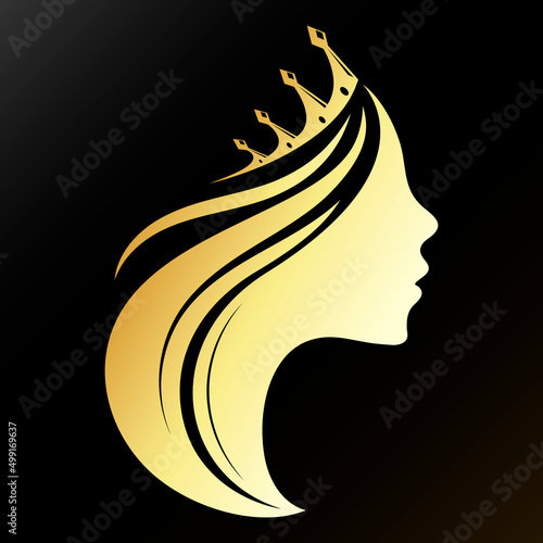 Golden silhouette of a girl with a crown. Symbol for stylist and hair salon