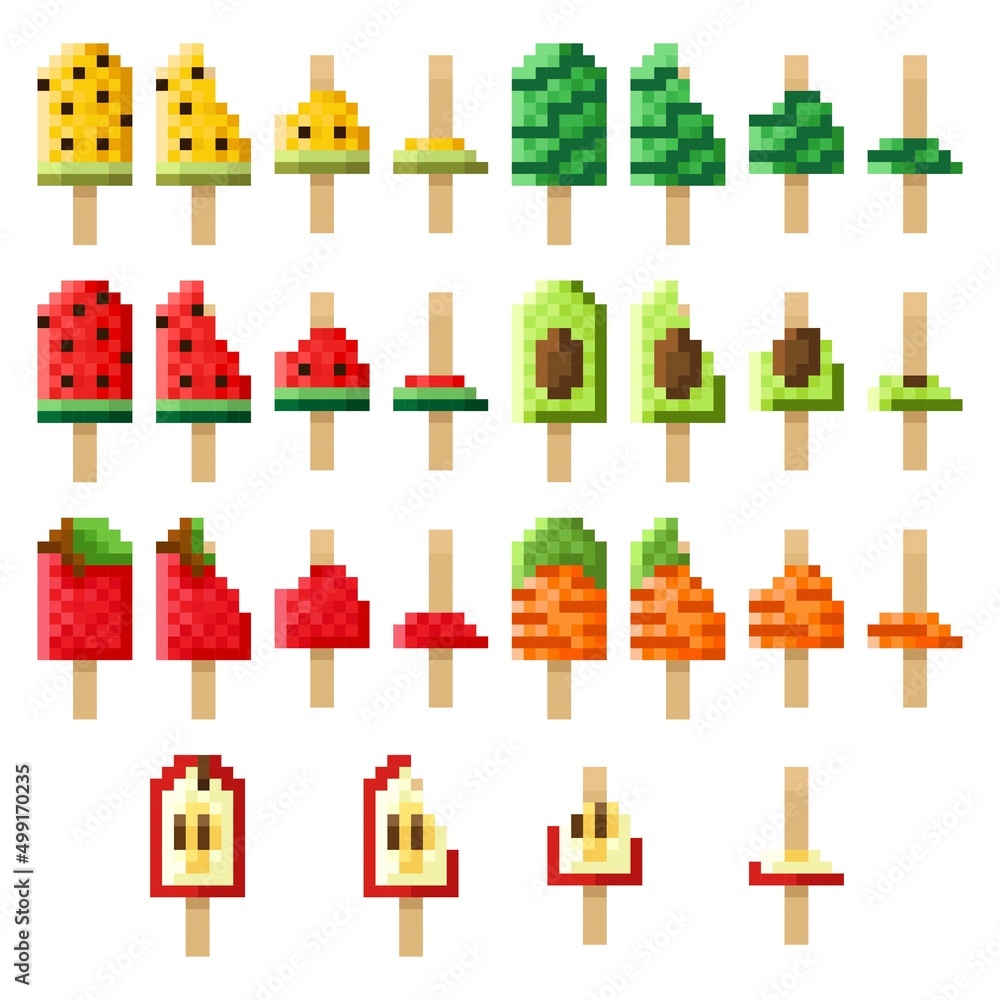 Fruit and vegetable Ice cream sticks pixel art set. Vector illustration