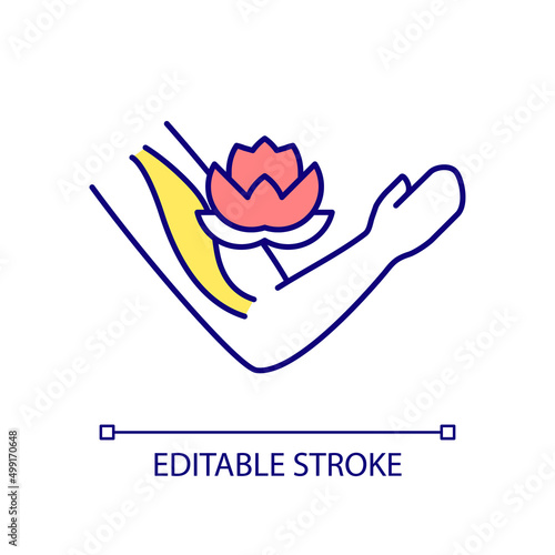 Technique of tensed muscles relaxation RGB color icon. Body and soul care practice. Health and wellness. Isolated vector illustration. Simple filled line drawing. Editable stroke. Arial font used