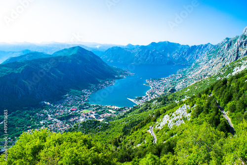 Beautiful top view to Boka Kotorska Bay and and the surrounding mountains. Adriatic Sea. Dalmatia. Balkan. Montenegro. photo