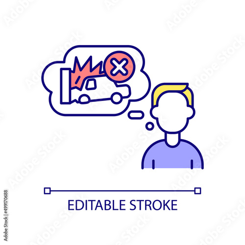 Avoid thought of traumatic event RGB color icon. Car accident surviving experience. PTSD complex. Isolated vector illustration. Simple filled line drawing. Editable stroke. Arial font used