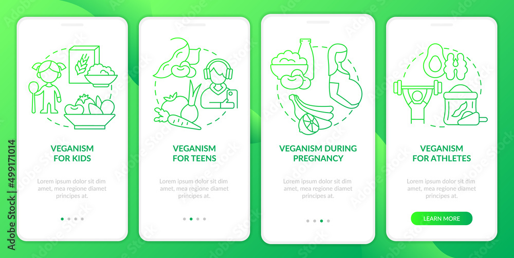 Vegan lifestyle for everyone green gradient onboarding mobile app screen. Walkthrough 4 steps graphic instructions pages with linear concepts. UI, UX, GUI template. Myriad Pro-Bold, Regular fonts used Vegan lifestyle for everyone green gradient onboarding mobile app screen. Walkthrough 4 steps graphic instructions pages with linear concepts. UI, UX, GUI template. Myriad Pro-Bold, Regular fonts used