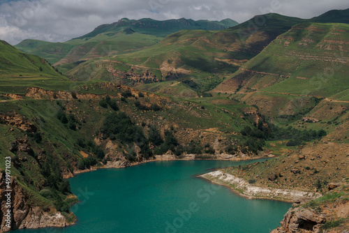 Lake Gizhgit  Bylymskoe . Top view of the lake. Summer landscape. Rest in the Elbrus district.Kabardino-Balkarian Republic