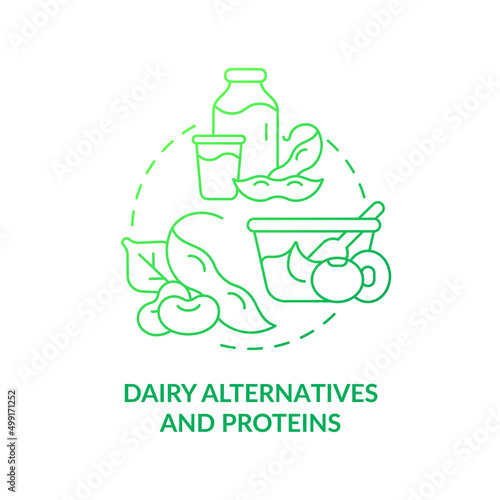 Dairy alternatives and proteins green gradient concept icon. Soy substitute. Tip for vegan lifestyle abstract idea thin line illustration. Isolated outline drawing. Myriad Pro-Bold font used