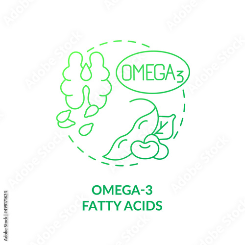 Omega three fatty acids green gradient concept icon. Vegan lifestyle and health. Source of nutrients abstract idea thin line illustration. Isolated outline drawing. Myriad Pro-Bold font used