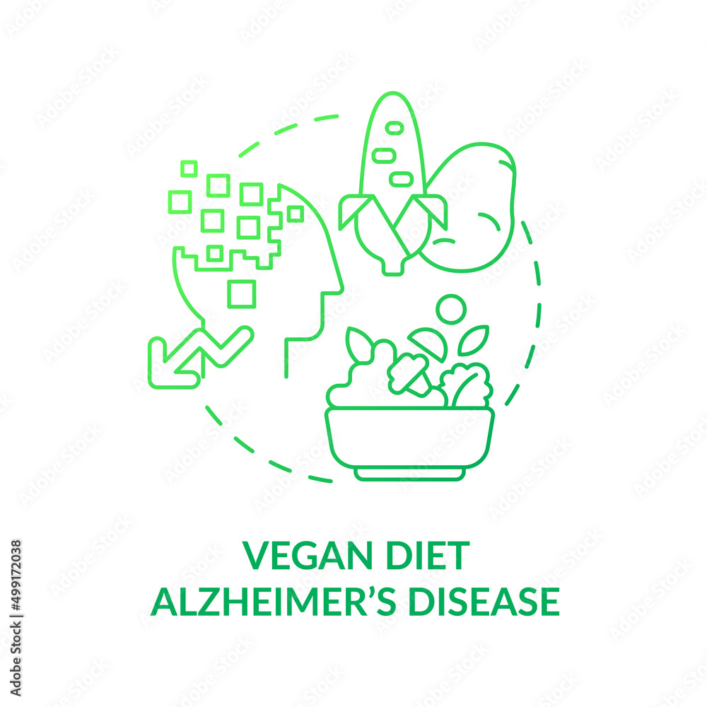 Vetor de Vegan diet and Alzheimer disease green gradient concept icon