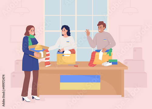 Woman donating clothing to ukrainian refugees flat color vector illustration. Collect humanitarian aid. Charity organization. Volunteers 2D simple cartoon characters with interior on background