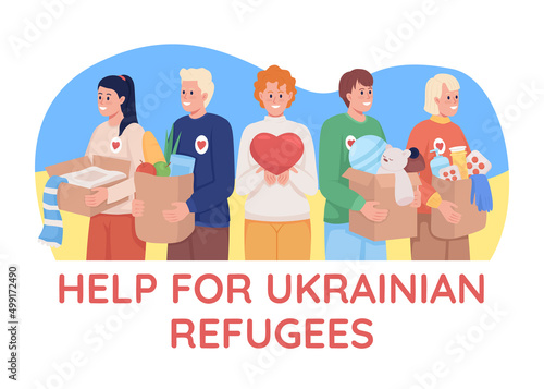 Help for ukrainian refugees 2D vector isolated illustration. Volunteers collecting food and medicine flat characters on cartoon background. Colourful scene for mobile, website. Comfortaa font used