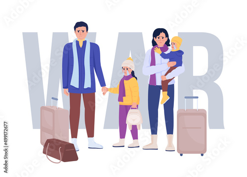 War victims waiting for evacuation 2D vector isolated illustration. Refugees flat characters on cartoon background. Colourful scene for mobile, website, presentation. Bebas Neue font used